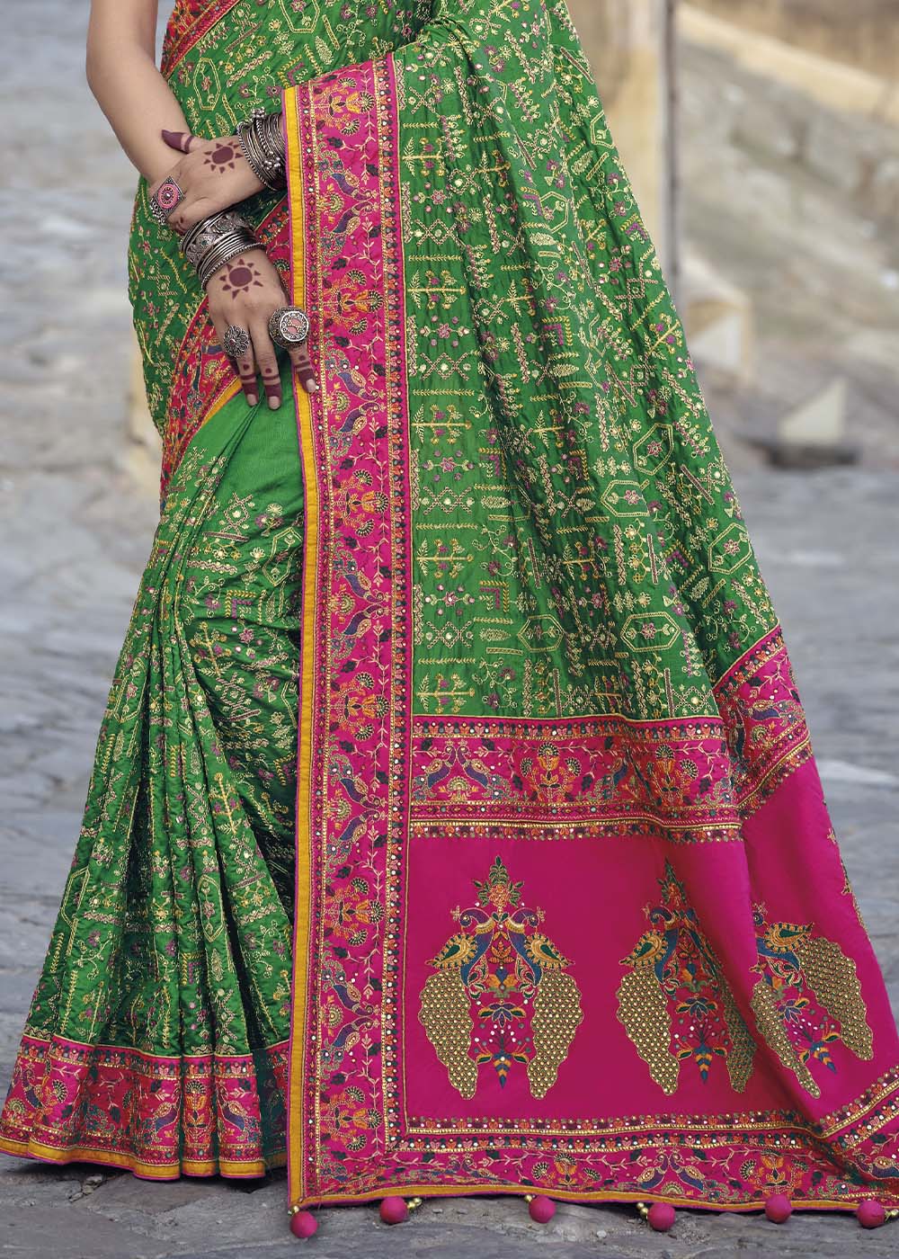 Buy MySilkLove Forest Green and Pink Banarasi Saree with Kachhi,Mirror and Diamond Work Online