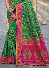 Forest Green and Pink Banarasi Saree with Kachhi,Mirror and Diamond Work