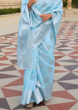 Morning Glory Blue Zari Woven Banarasi Linen Saree