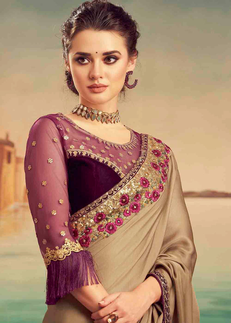Muesli Brown and Purple Embroidered Satin Silk Designer Saree