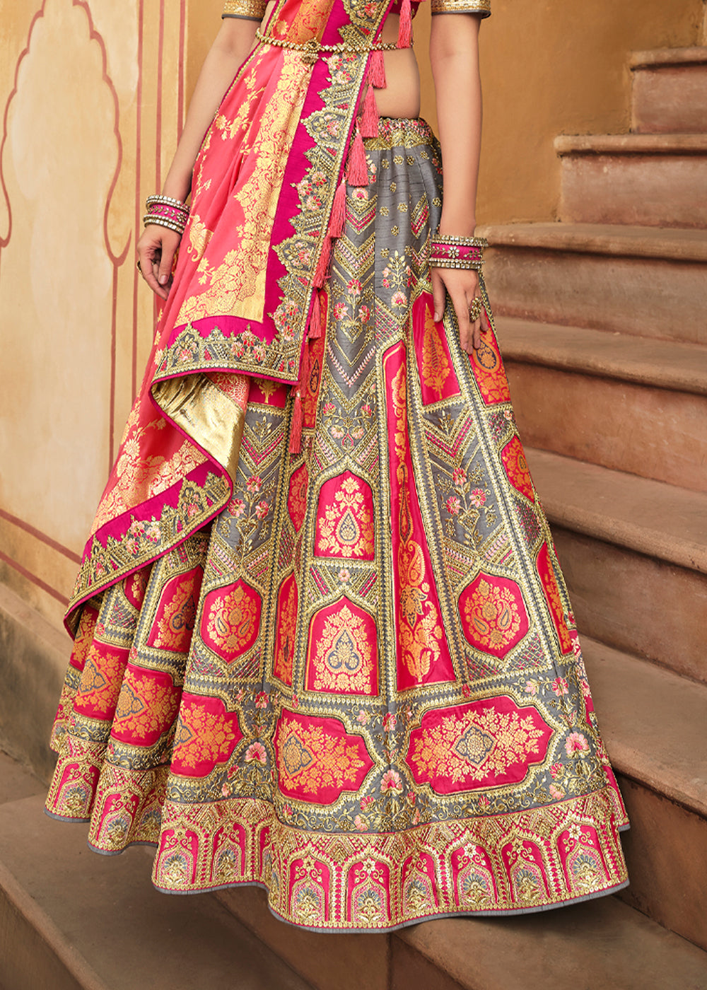 Buy MySilkLove Salmon Pink and Grey Heavy Embroidered Lehenga Online