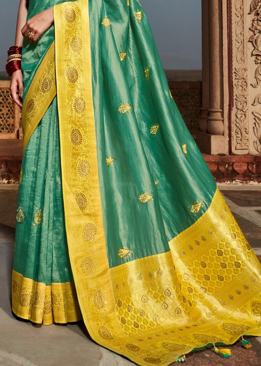 Buy MySilkLove Bay Leaf Blue and Yellow  Zari Woven Banarasi Silk Saree Online