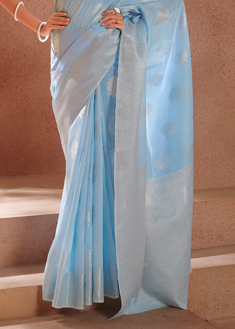 Spindle Blue Zari Woven Banarasi Linen Saree