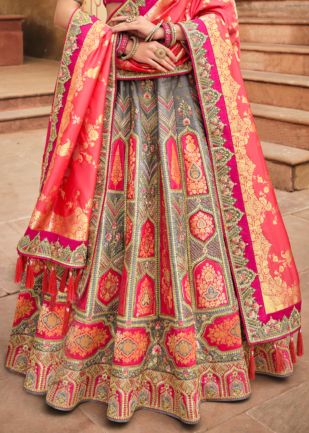 Buy MySilkLove Salmon Pink and Grey Heavy Embroidered Lehenga Online