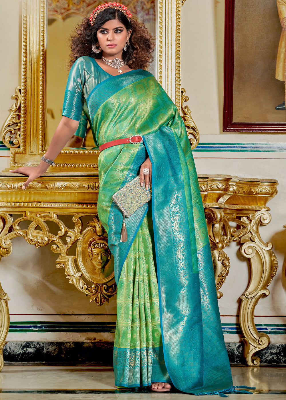 Buy MySilkLove Aqua Forest Green and Blue Woven Banarasi Silk Saree Online