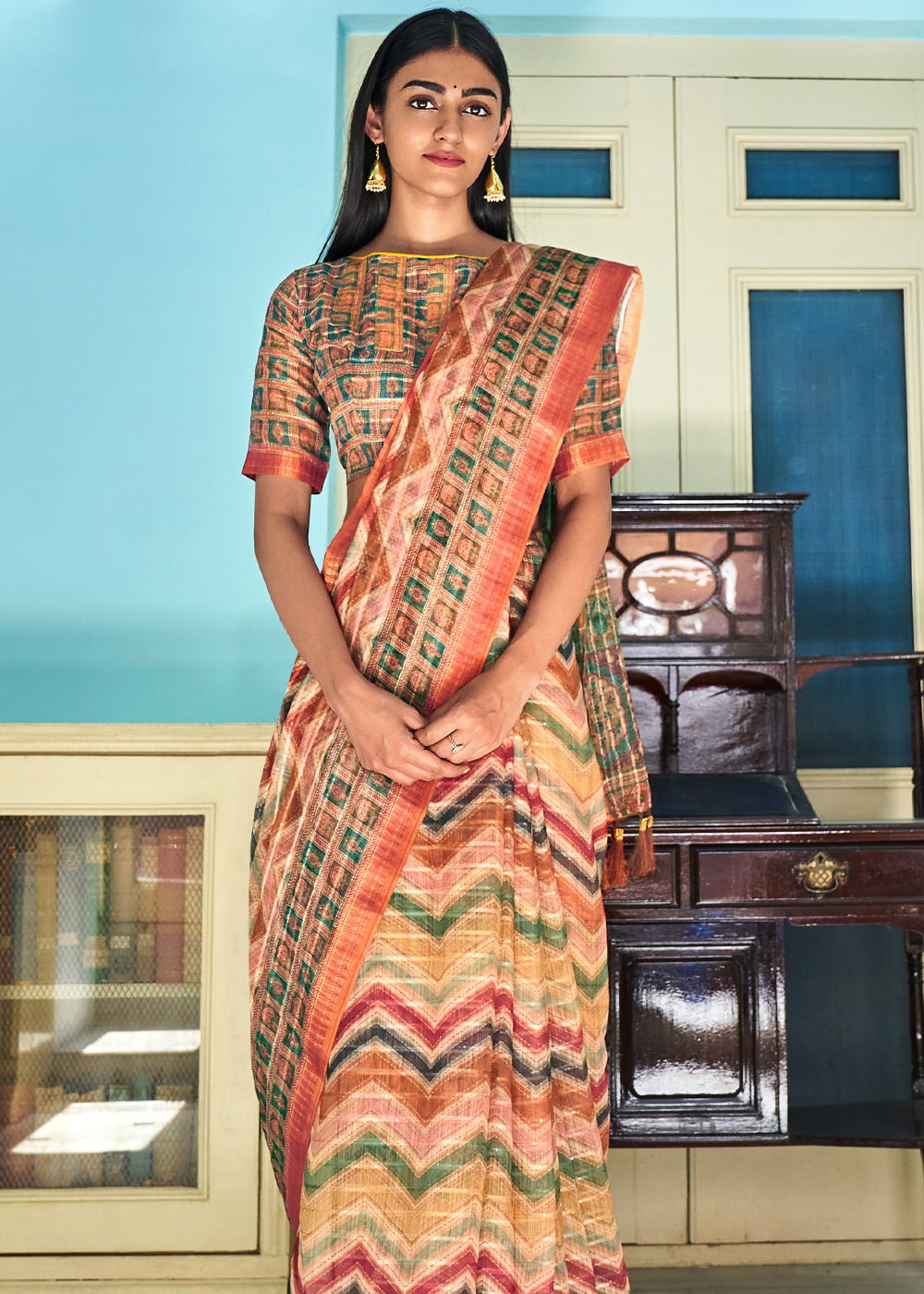 Buy MySilkLove Half Peach Printed Linen Saree Online