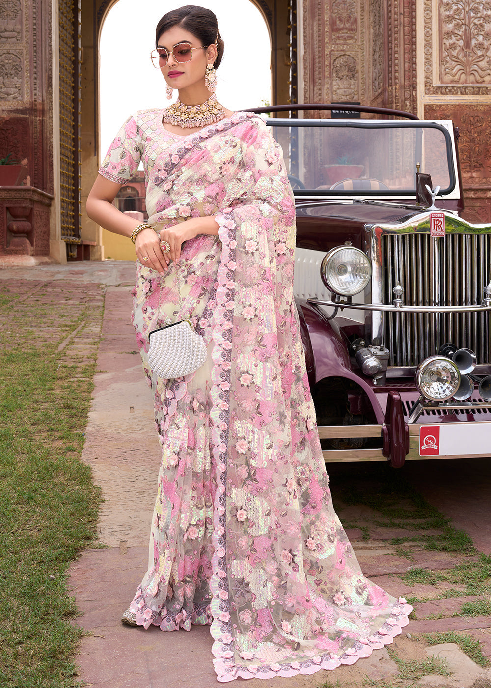 Buy MySilkLove Beauty White Pink Designer Silk Saree Online