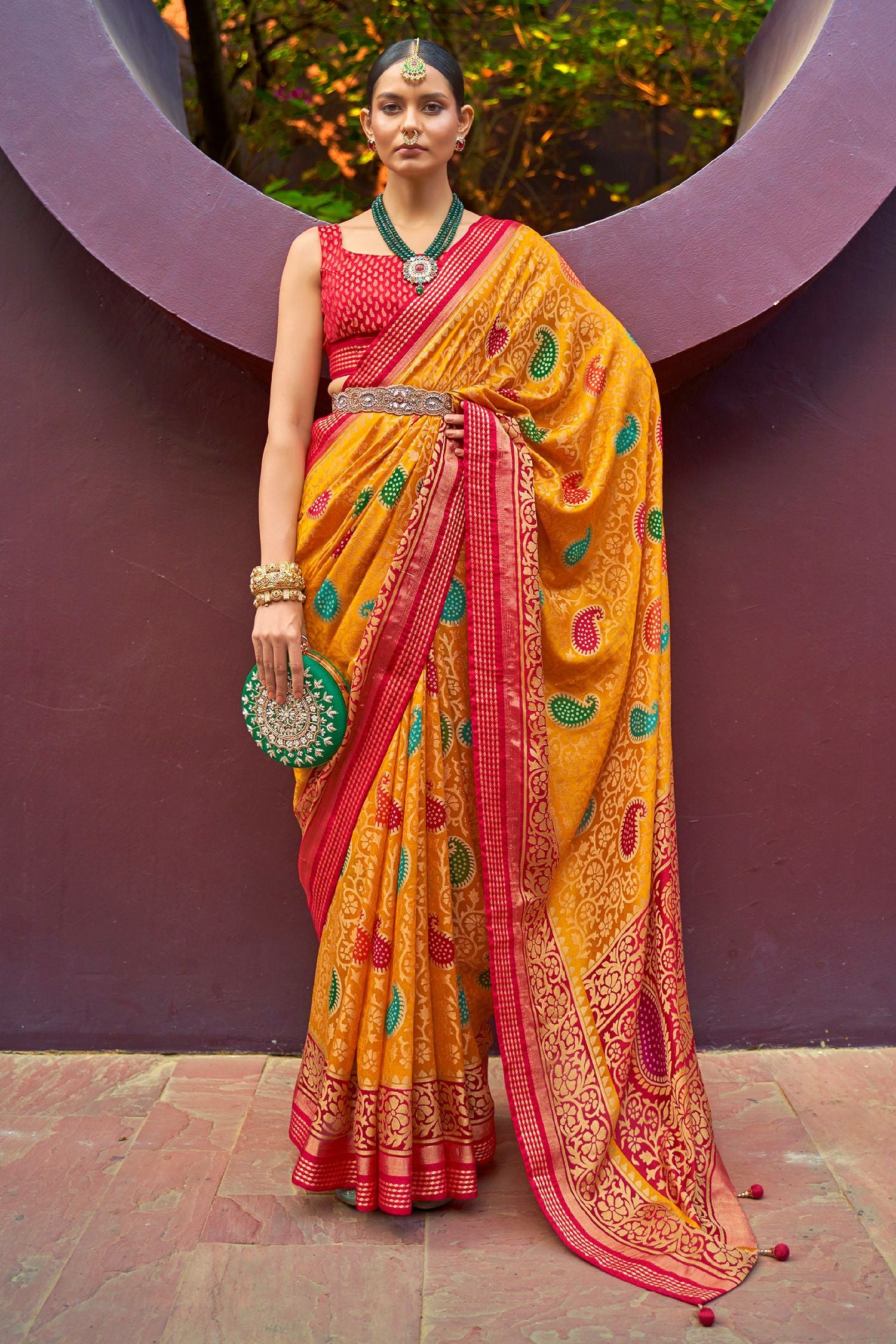 Buy MySilkLove Goldenrod Yellow and Red Printed Brasso Saree Online