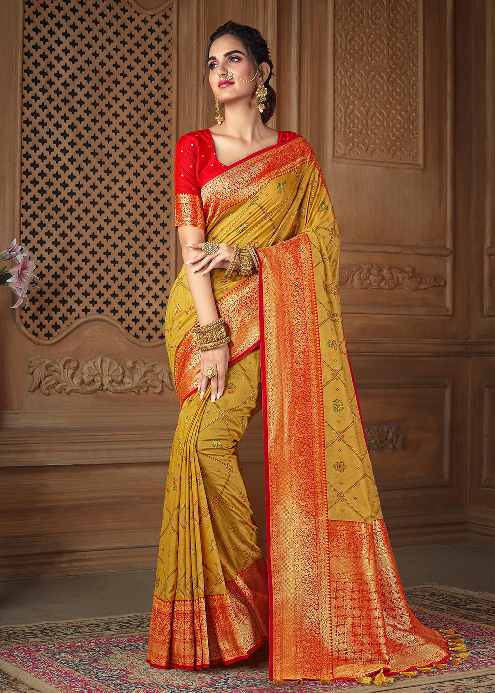 Buy MySilkLove Saffron Yellow and Red Zari Woven Banarasi Saree Online