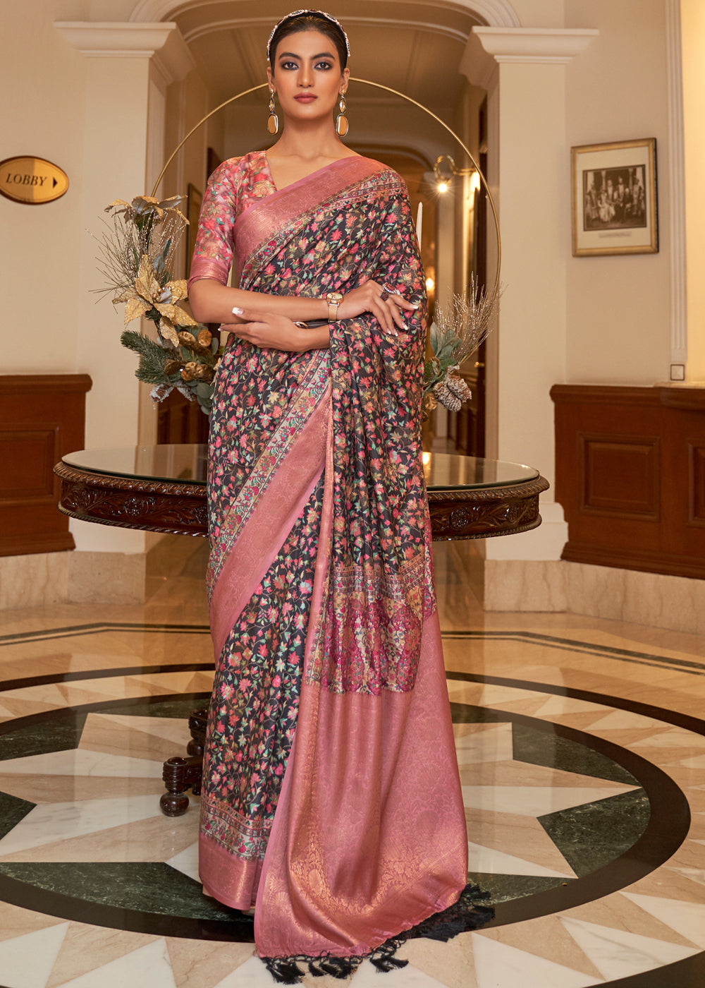 Buy MySilkLove Burnished Purple and Pink Banarasi Digital Kanni Printed Saree Online