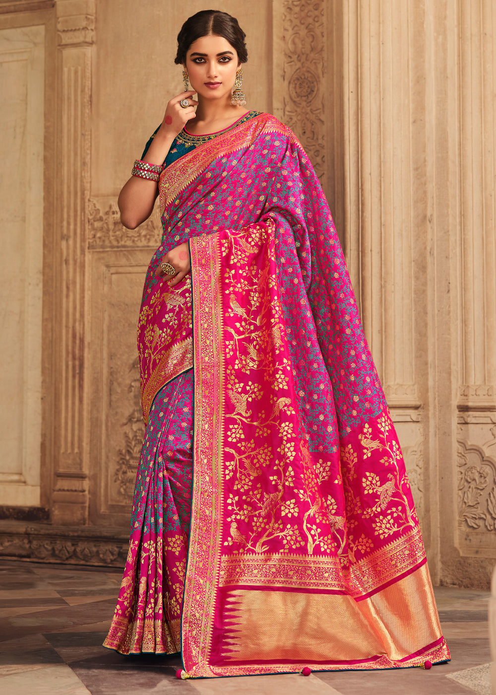 Buy MySilkLove Carnation Pink and Blue Zari Woven Banarasi Saree with Designer Blouse Online