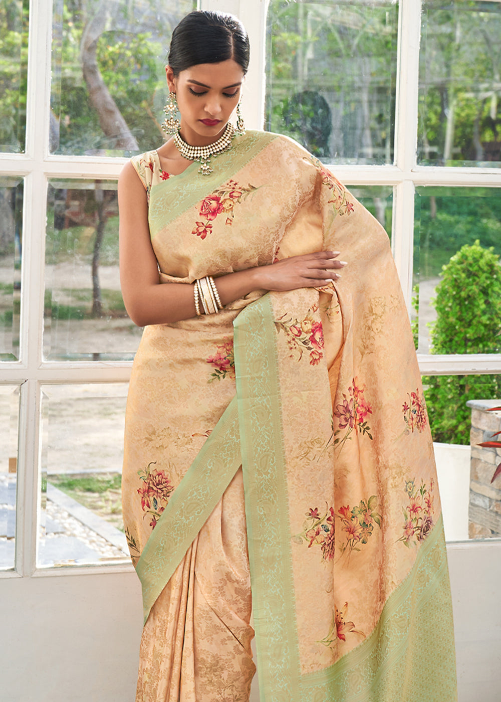 Buy MySilkLove Calico Cream Banarasi Jacquard Printed Saree Online