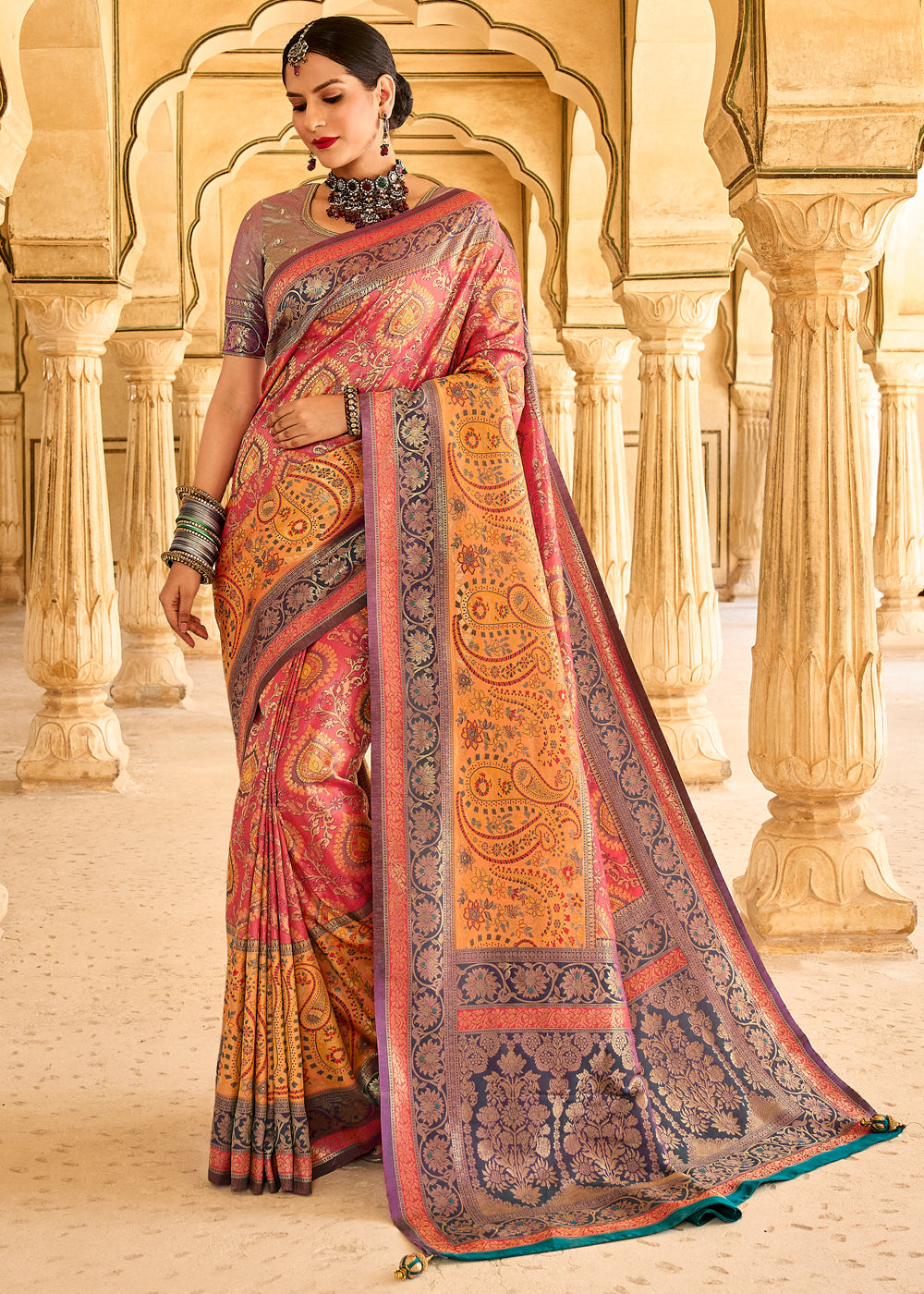 Buy MySilkLove Sandy Yellow and Pink Designer Banarasi Saree Online