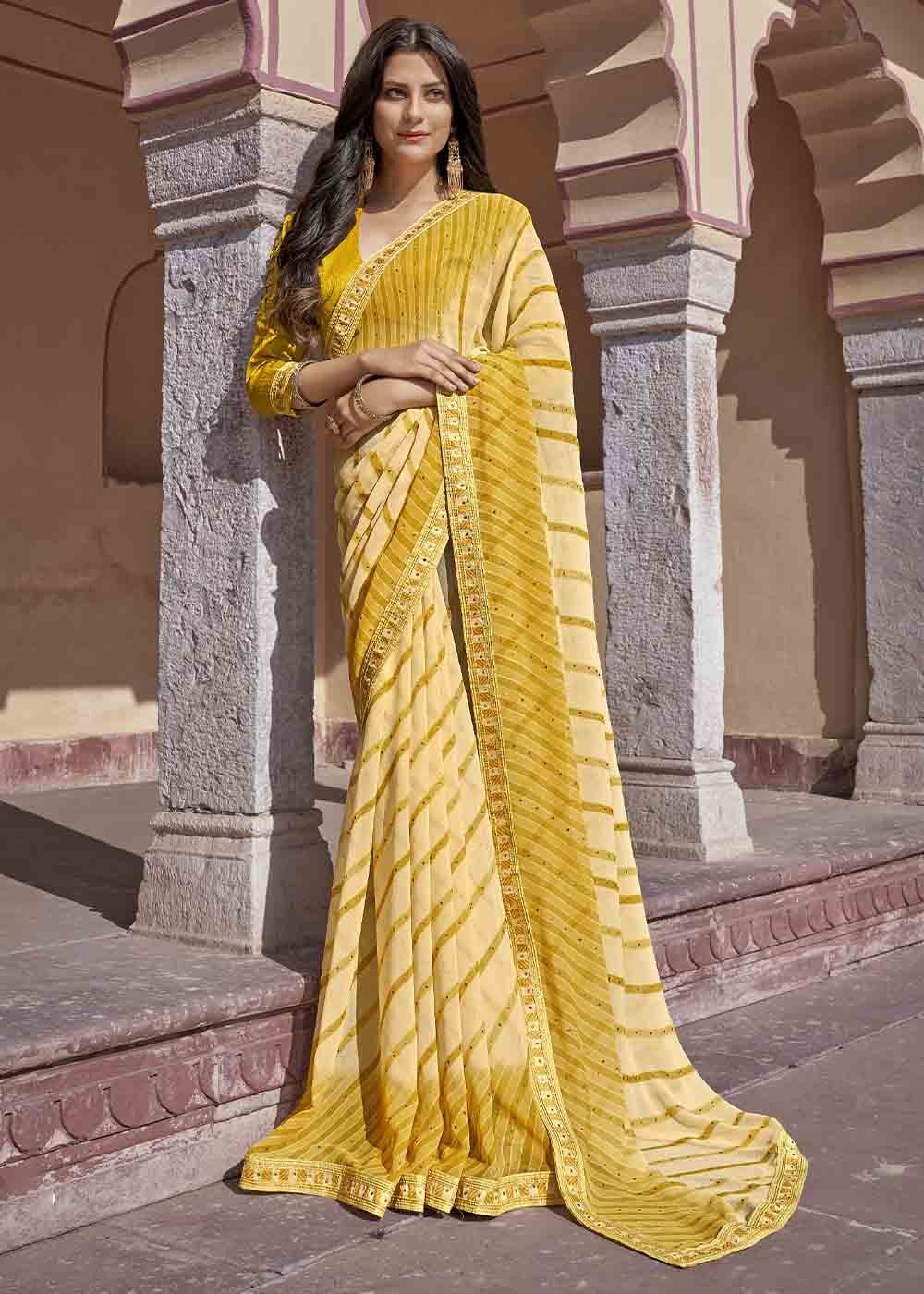 Buy MySilkLove Rob Yellow Printed Georgette Saree Online