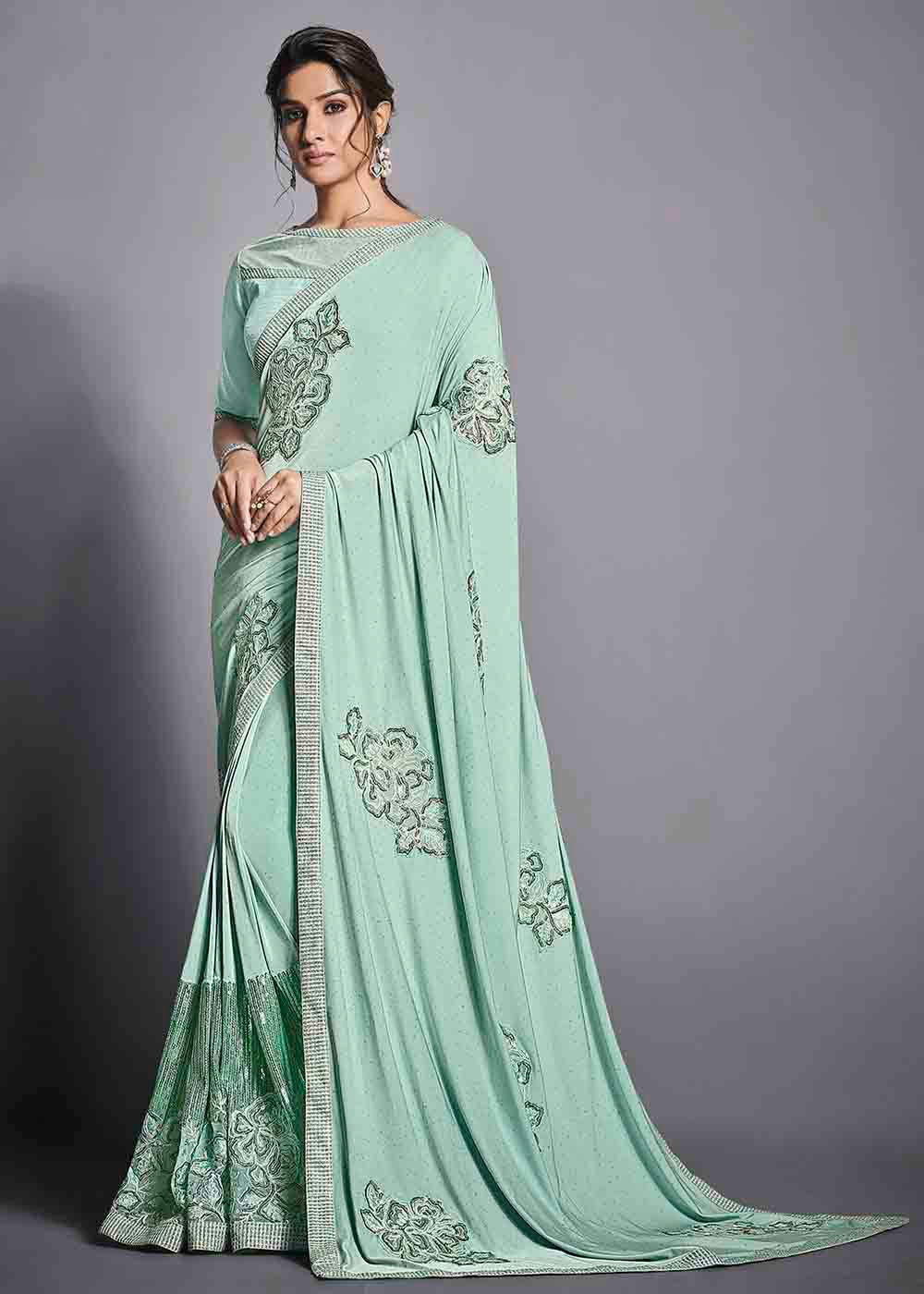 Buy MySilkLove Surf Green Designer Lycra Saree with Embroidery Work Online