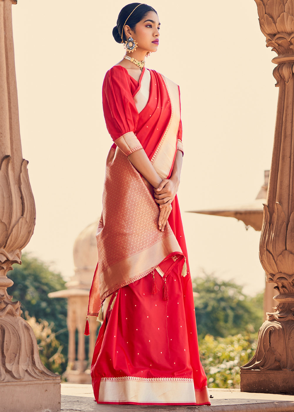 Buy MySilkLove Sizzling Red Woven Banarasi Satin Silk Saree Online