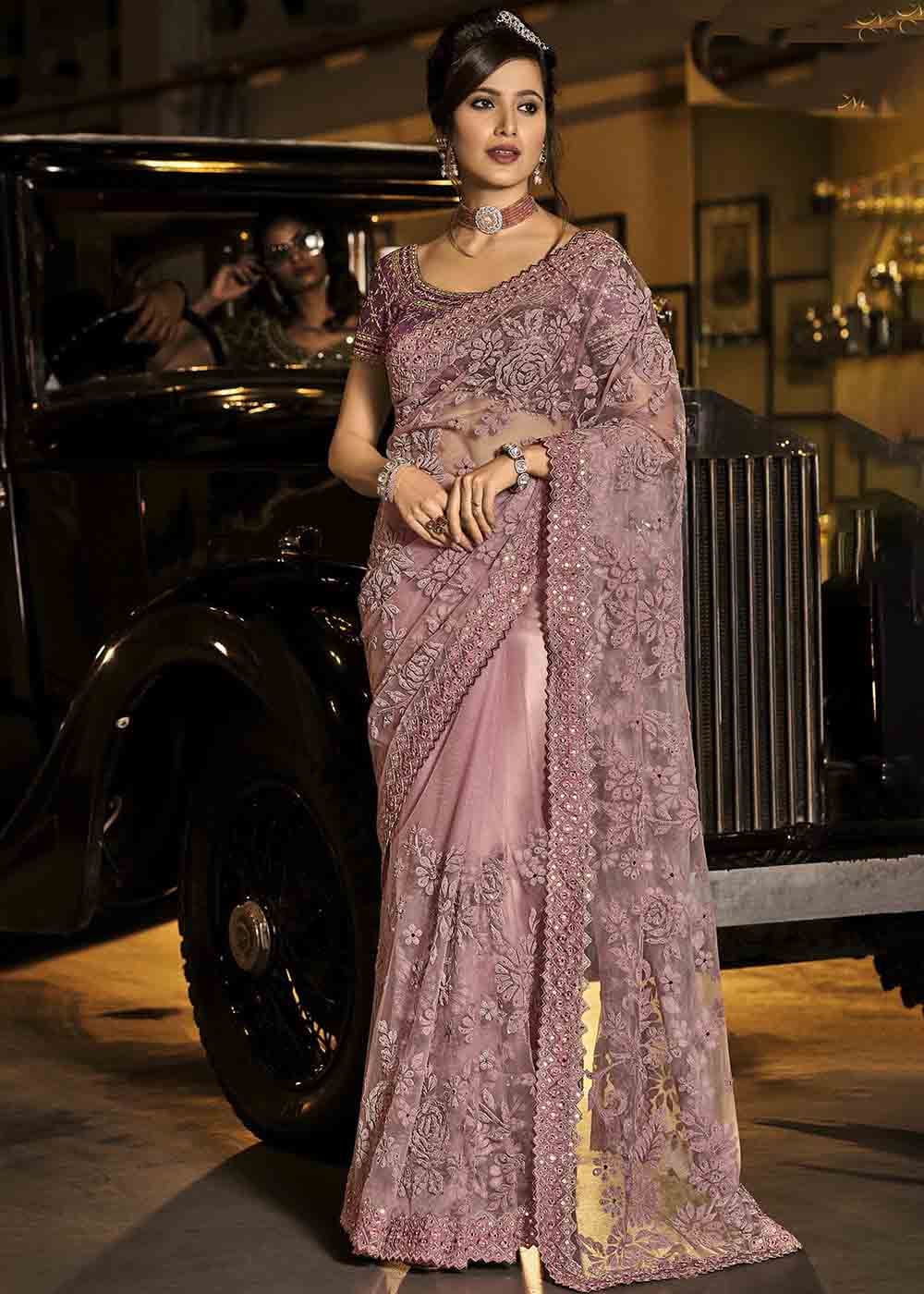 Buy MySilkLove Beauty Pink Purple Heavy Work Designer Net Saree Online