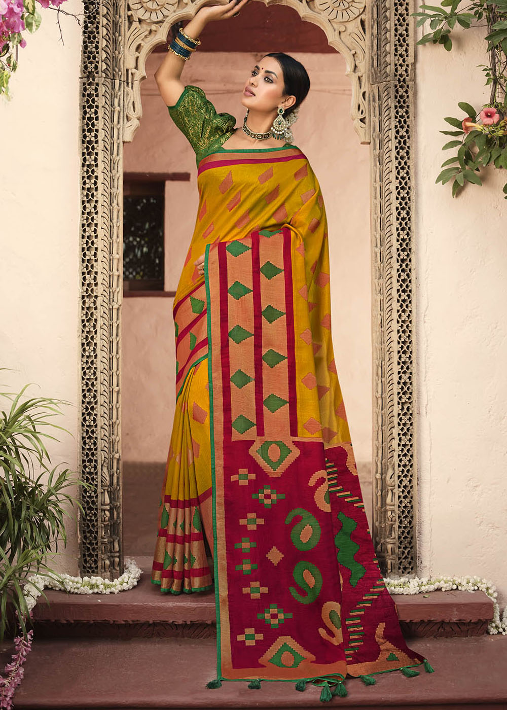 Buy MySilkLove Ochre Yellow and Red Soft Brasso Silk Saree Online