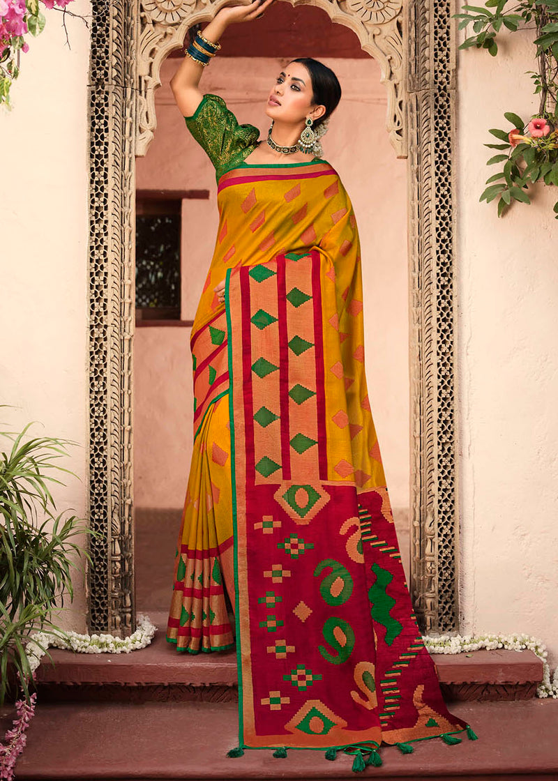 Ochre Yellow and Red Soft Brasso Silk Saree