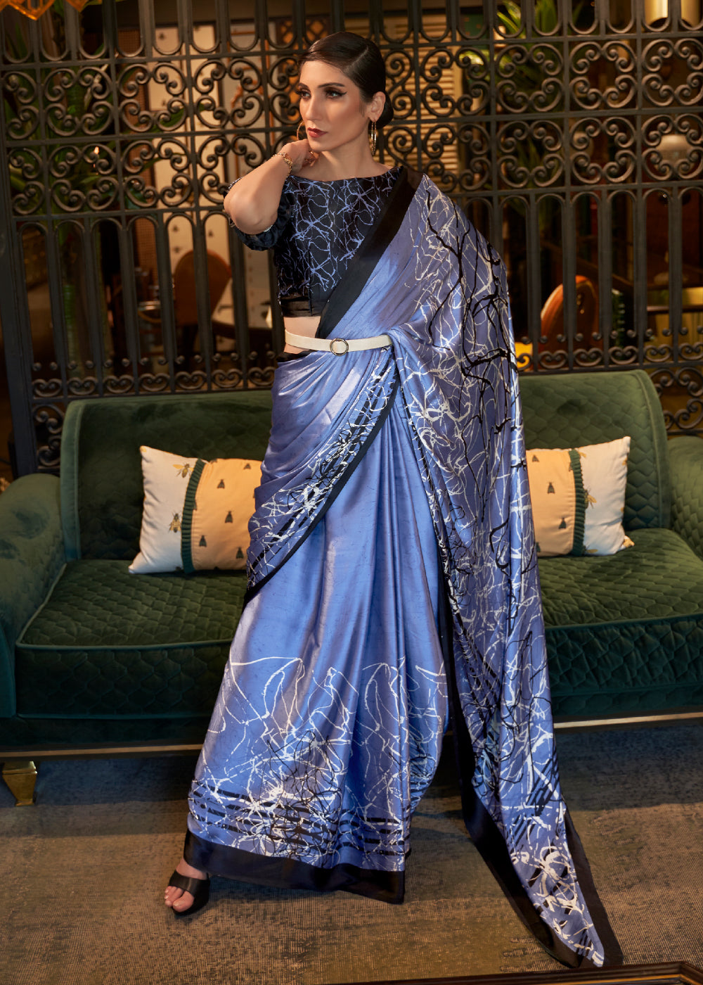 Buy MySilkLove Portage Blue and Black Printed Satin Silk Saree Online