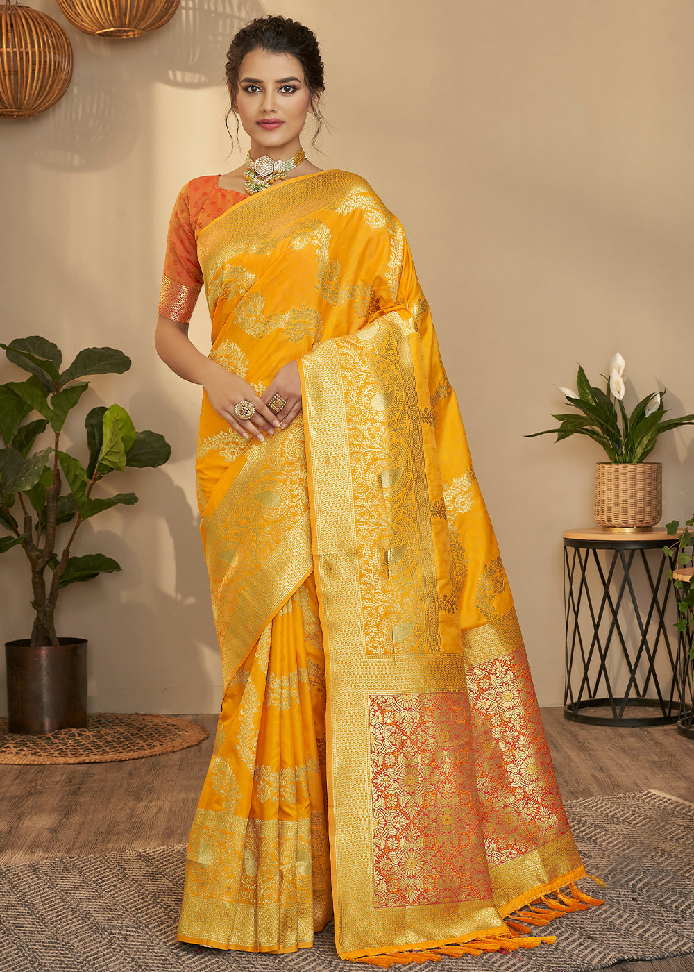 Buy MySilkLove Fuel Yellow and Orange Zari Woven Banarasi Saree Online