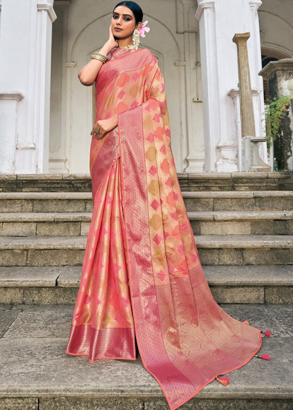 Buy MySilkLove Romantic Peach Woven Organza Banarasi Silk Saree Online