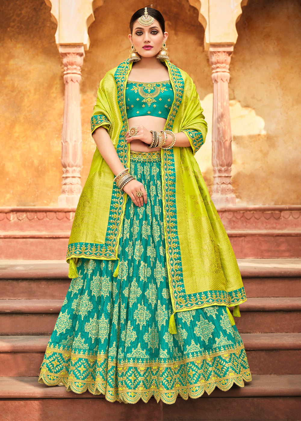 Buy MySilkLove Silver Tree Green and Yellow Heavy Embroidered Lehenga Online