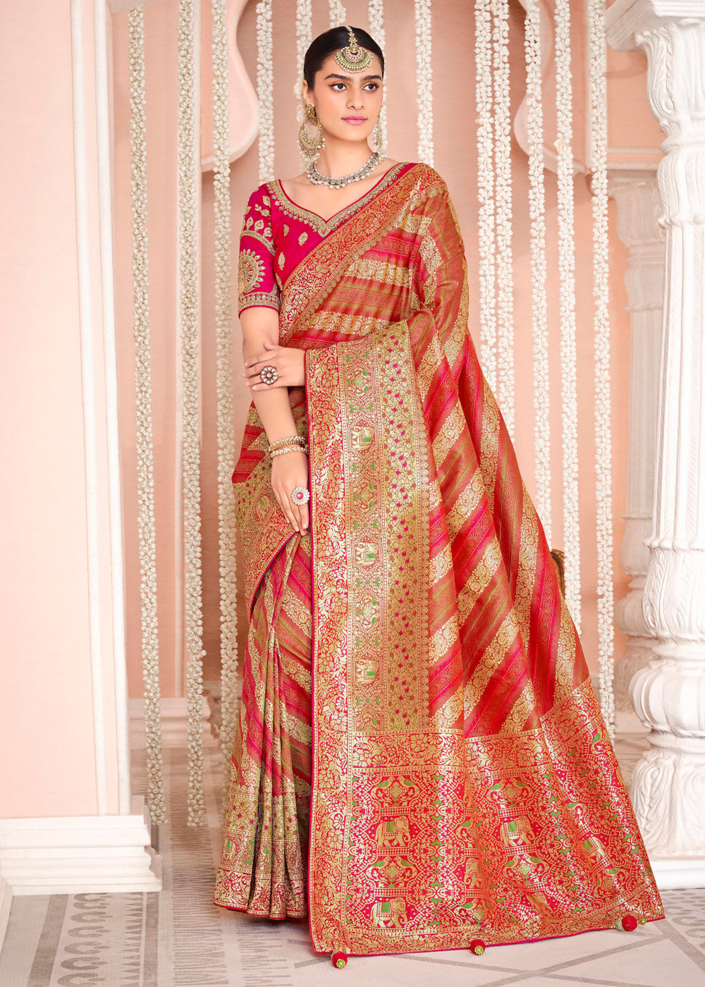 Buy MySilkLove Valencia Dark Pink Zari Woven Banarasi Saree with Designer Blouse Online