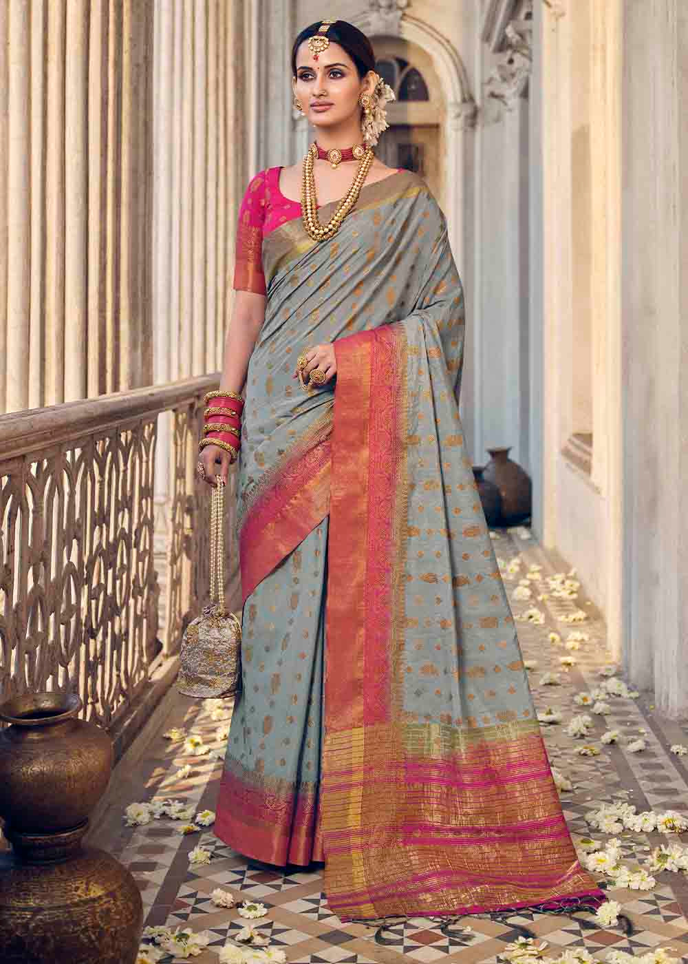 Buy MySilkLove Zorba Grey and Pink Zari Woven Banarasi Raw Silk Saree Online