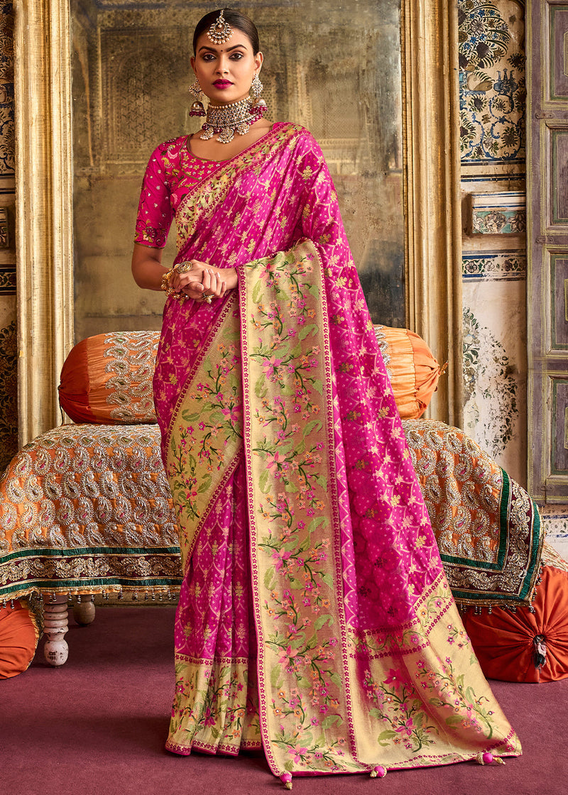Hot Pink Patola Printed Dola Silk Saree With Embroidered Blouse