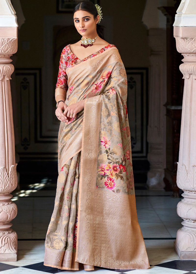 Rodeo Dust Grey Zari Woven Floral Banarasi Saree
