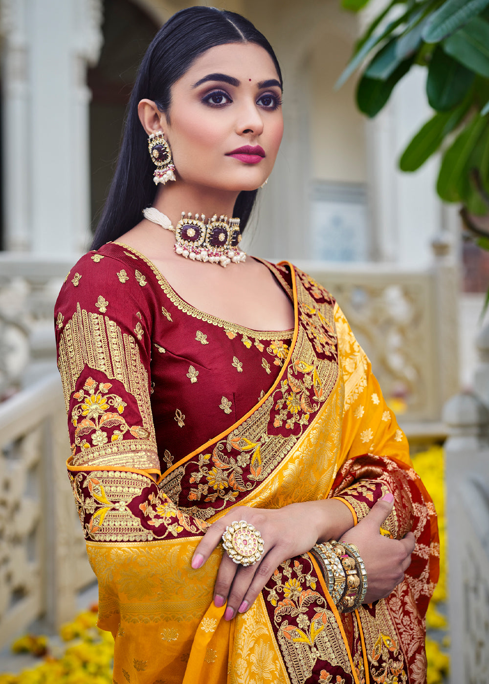 MySilkLove Tulip Yellow and Brown Zari Woven Designer Banarasi Saree