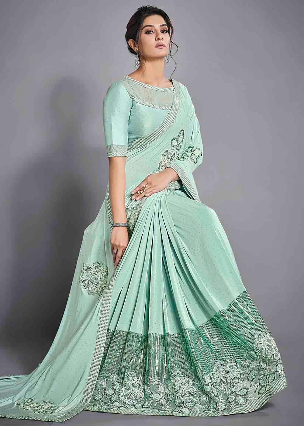 MySilkLove Surf Green Designer Lycra Saree with Embroidery Work