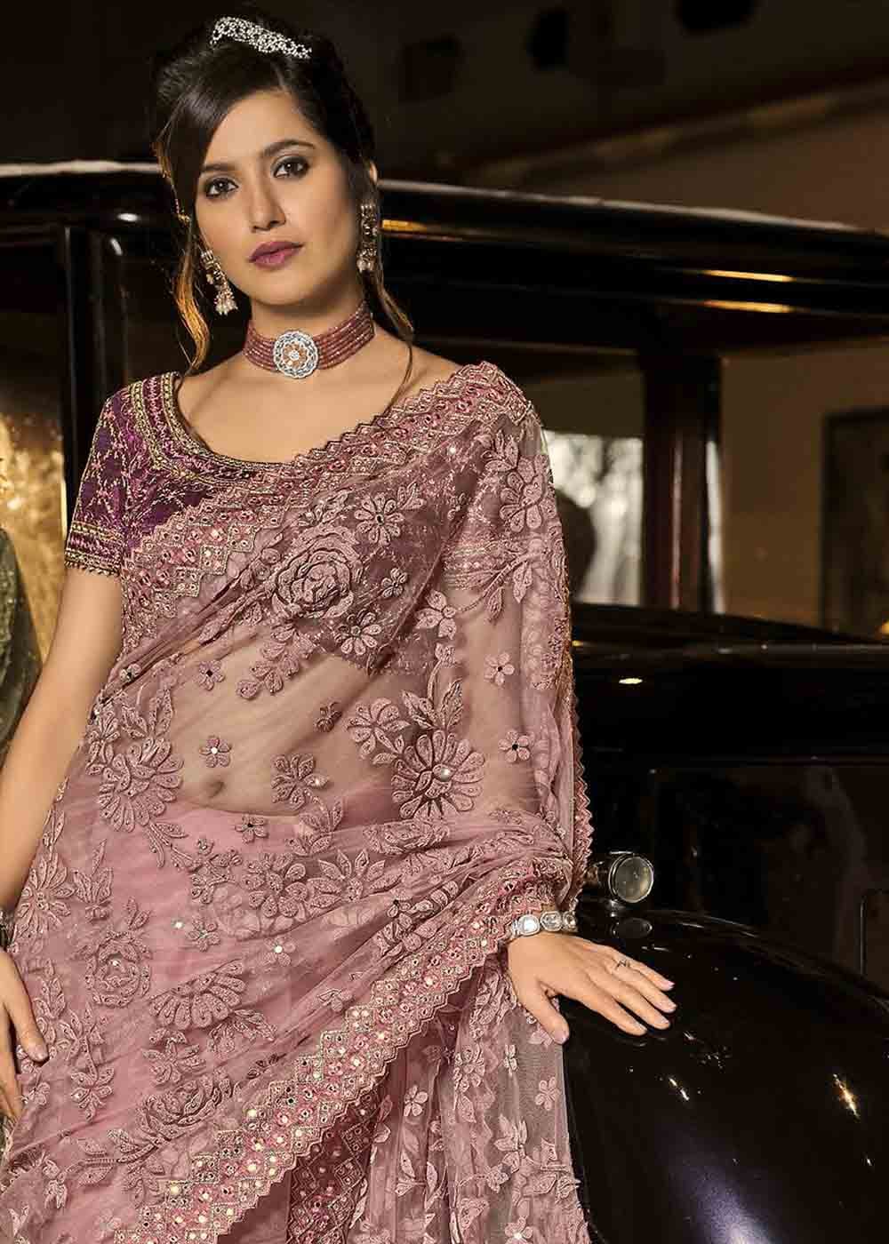 MySilkLove Beauty Pink Purple Heavy Work Designer Net Saree