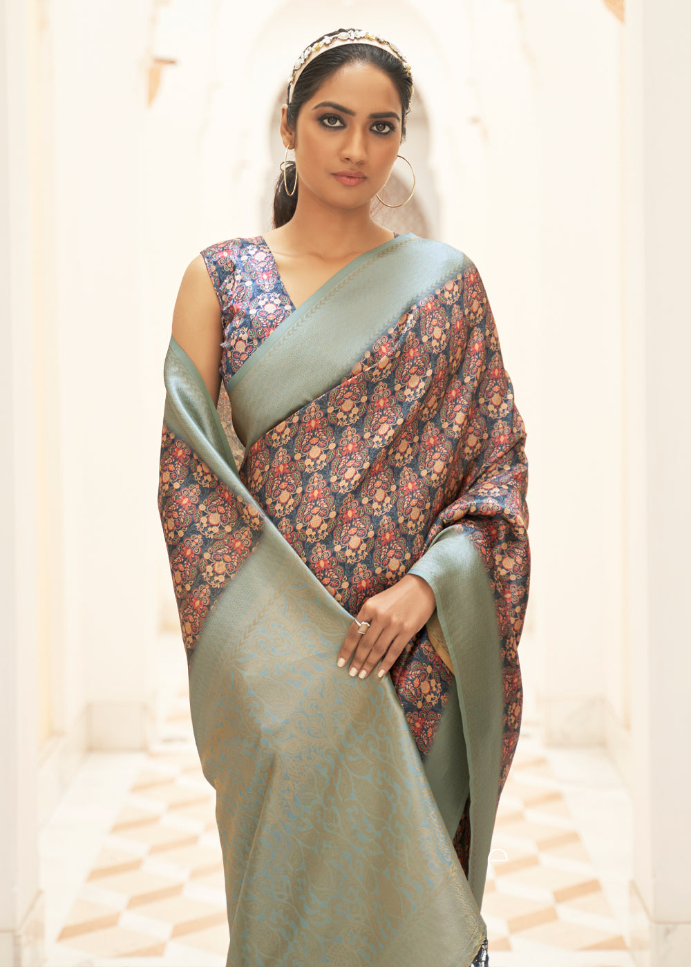 MySilkLove Toast Purple and Grey Digital Print Saree