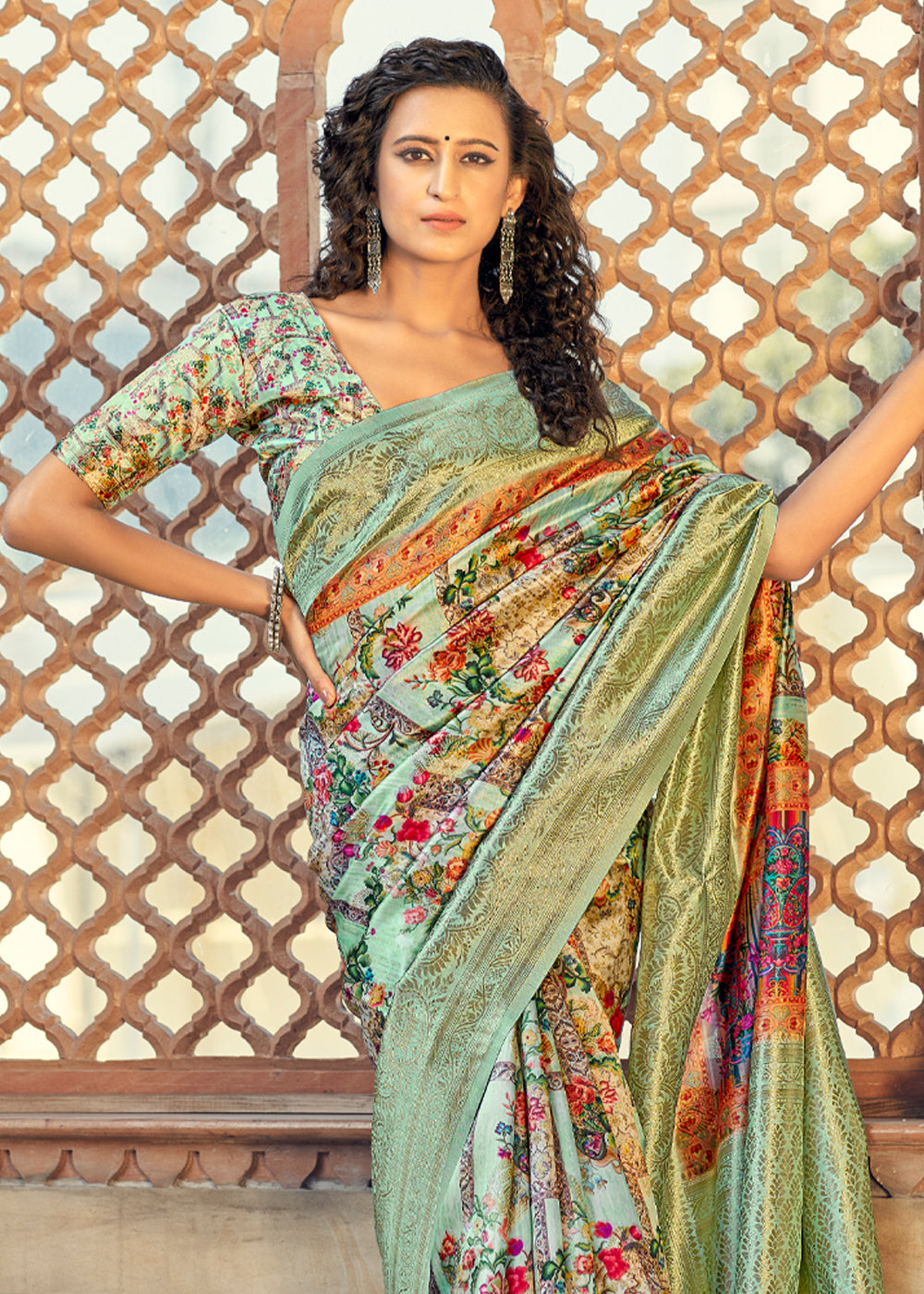 Buy MySilkLove Green Mist Digital Printed Jacquard Silk Saree Online