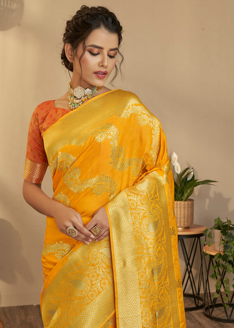 Fuel Yellow and Orange Zari Woven Banarasi Saree
