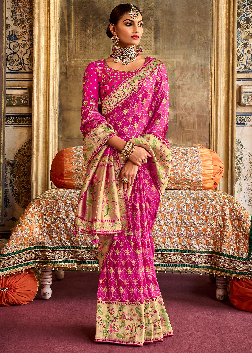 Buy MySilkLove Hot Pink Patola Printed Dola Silk Saree With Embroidered Blouse Online