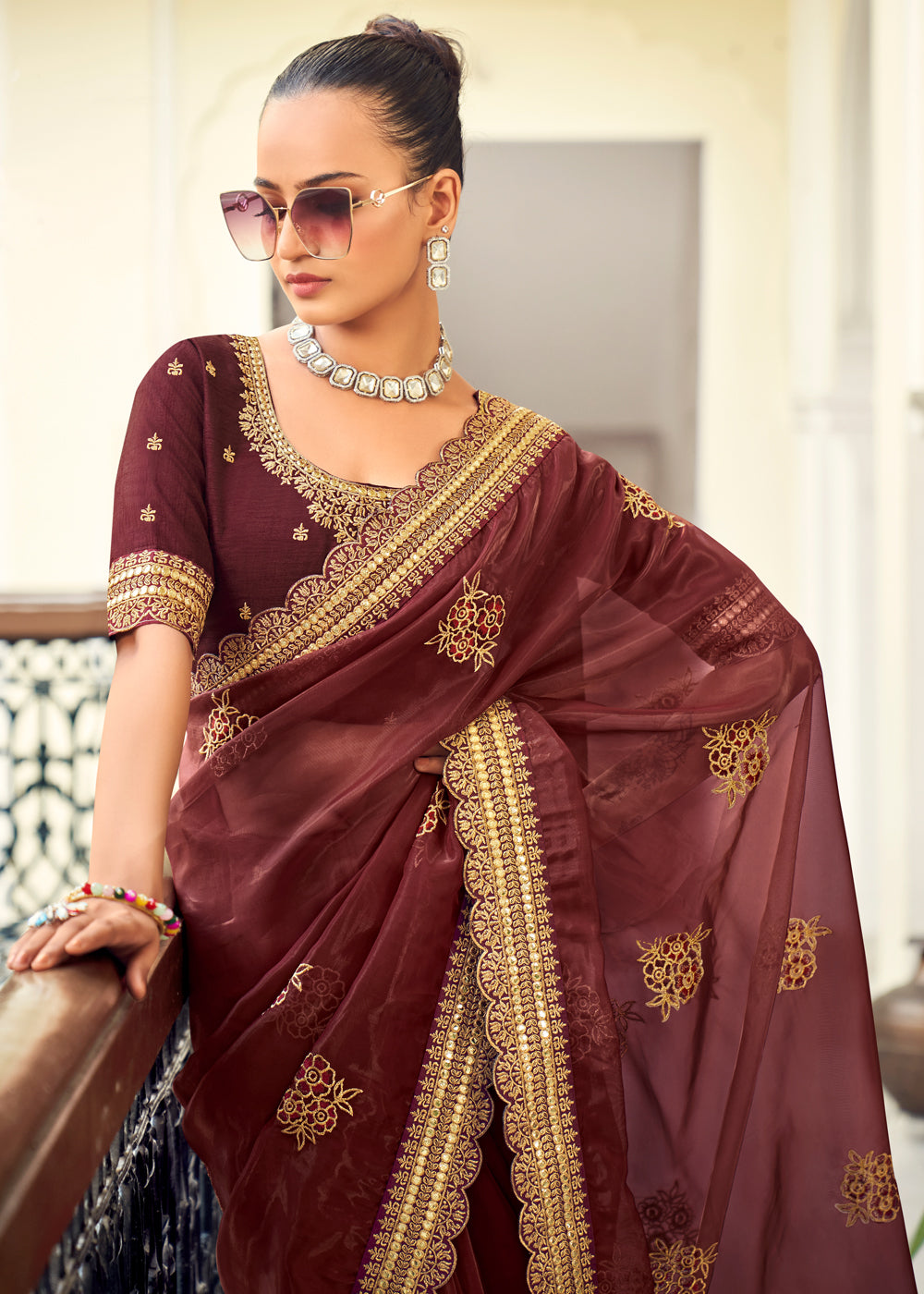 Buy MySilkLove Metallic Maroon Woven Banarasi Georgette Silk Saree Online