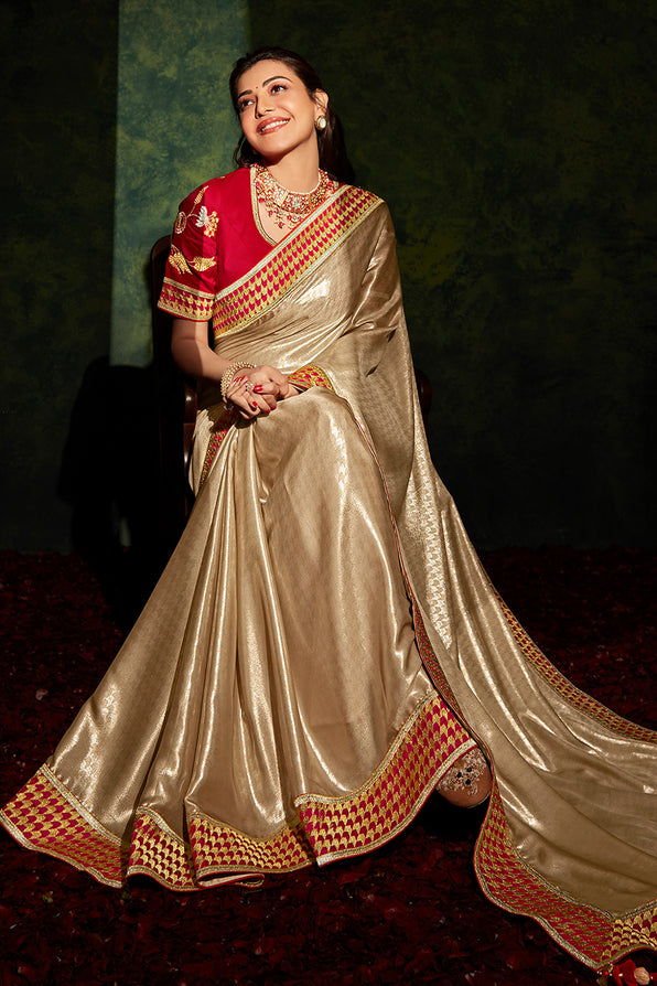 Teak Golden and Red Handloom South Silk Saree