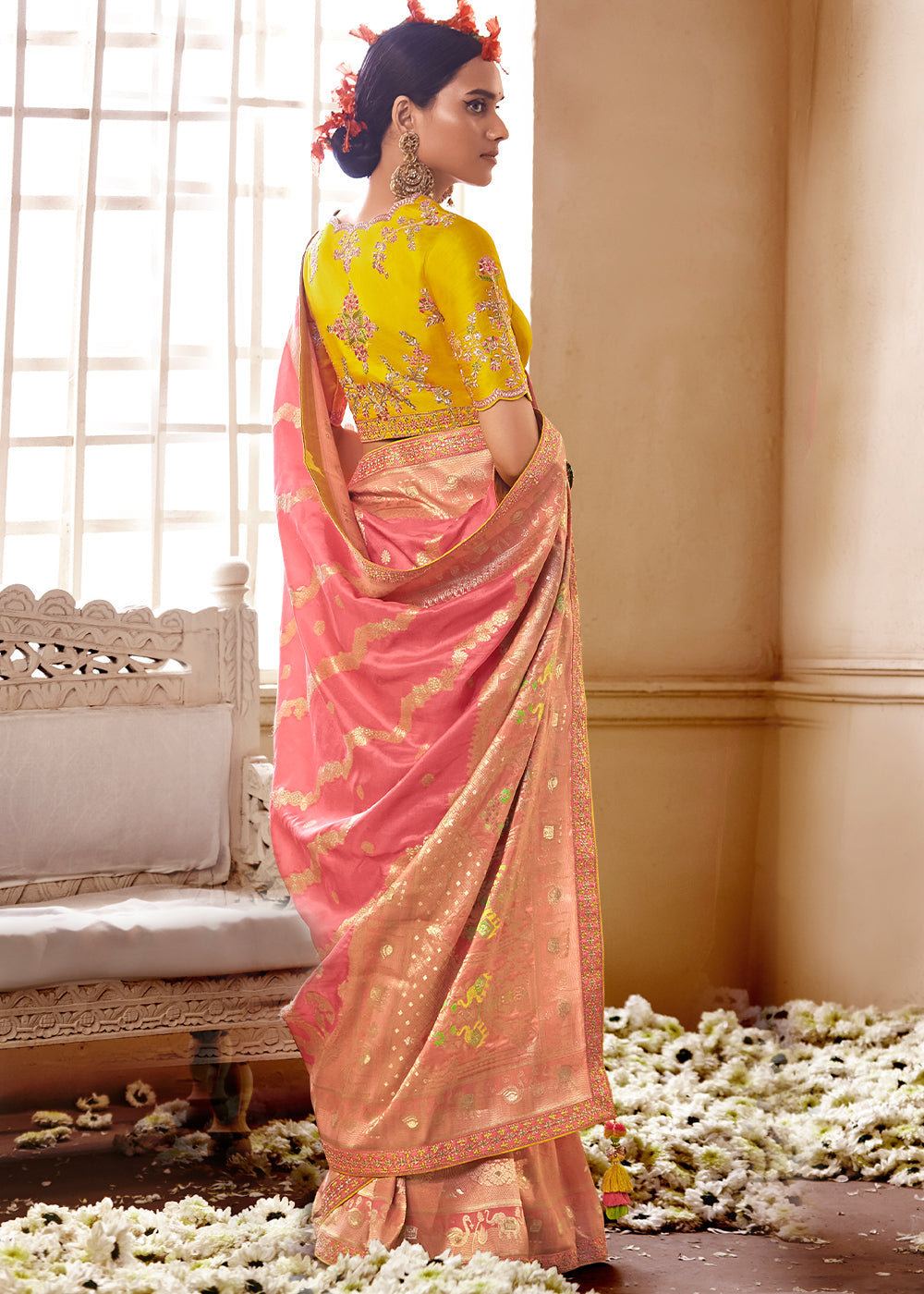 Buy Copperfield Peach and Yellow Banarasi Saree with Designer Blouse Online MySilkLove