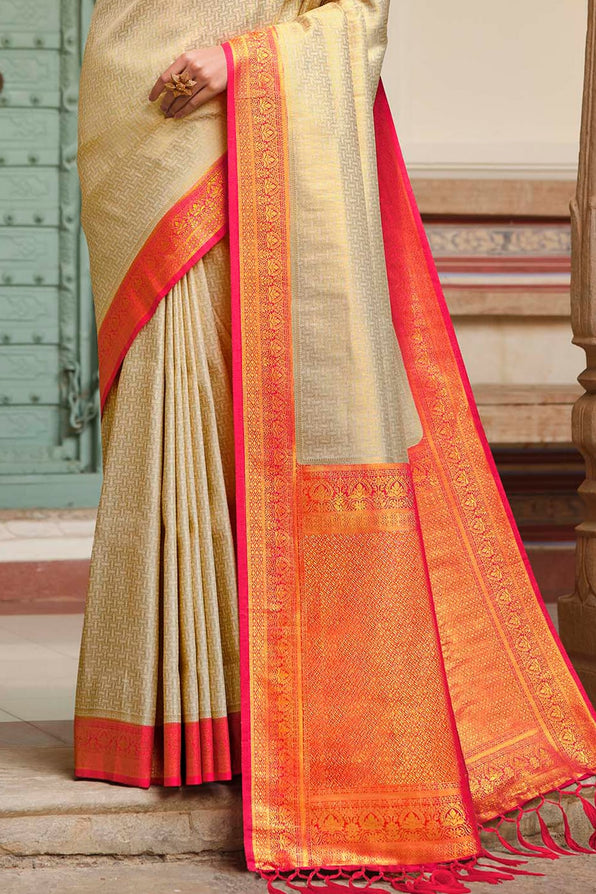 Buy MySilkLove Sorrell Cream and Dark Pink Zari Woven Kanjivaram Saree Online