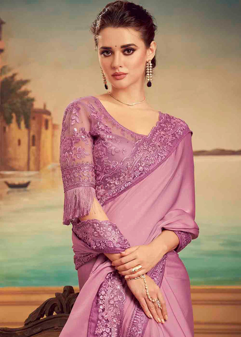 Charm Pink Embroidered Satin Silk Designer Saree
