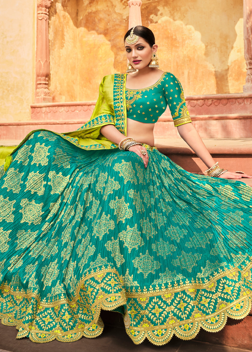 Buy MySilkLove Silver Tree Green and Yellow Heavy Embroidered Lehenga Online