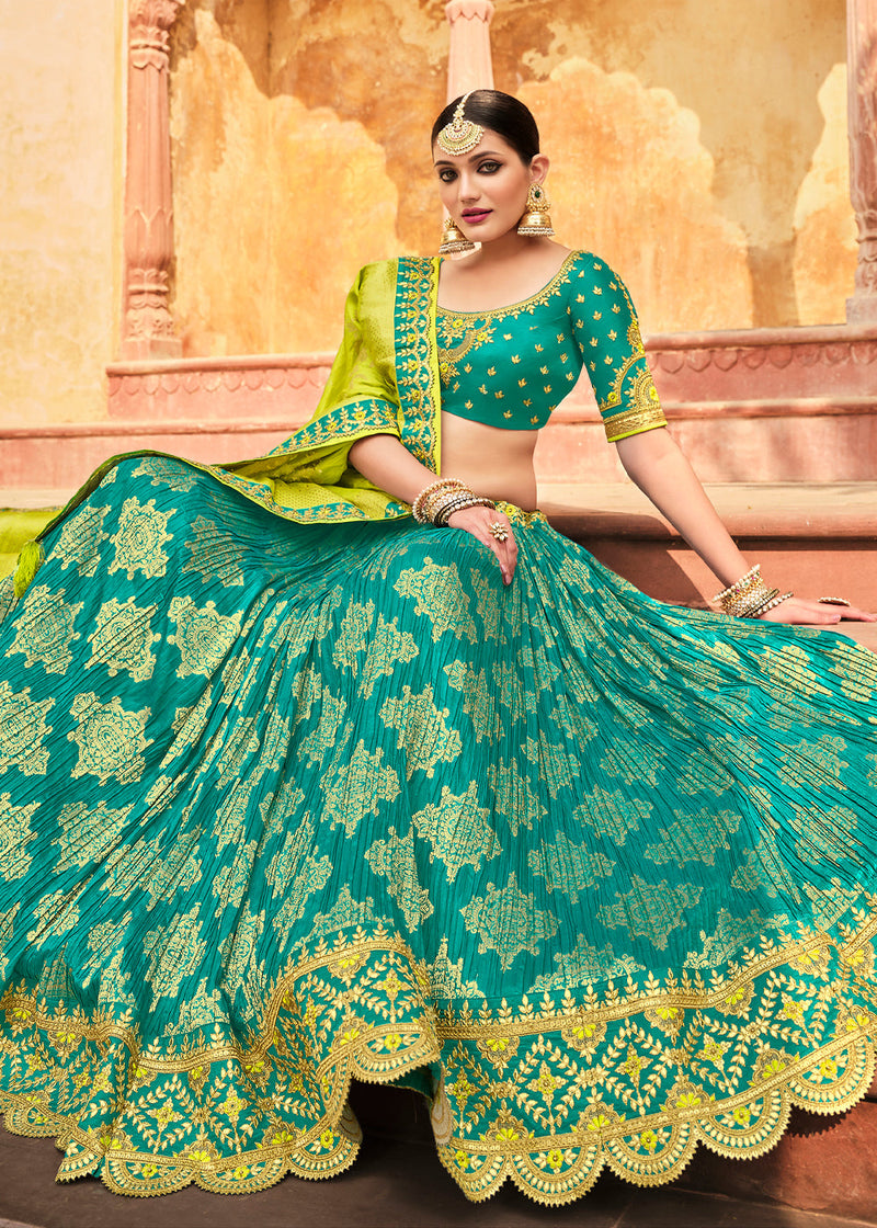 Silver Tree Green and Yellow Heavy Embroidered Lehenga