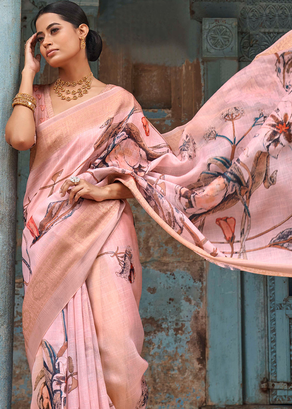 MySilkLove Beauty Bush Pink Floral Printed Linen Silk Saree