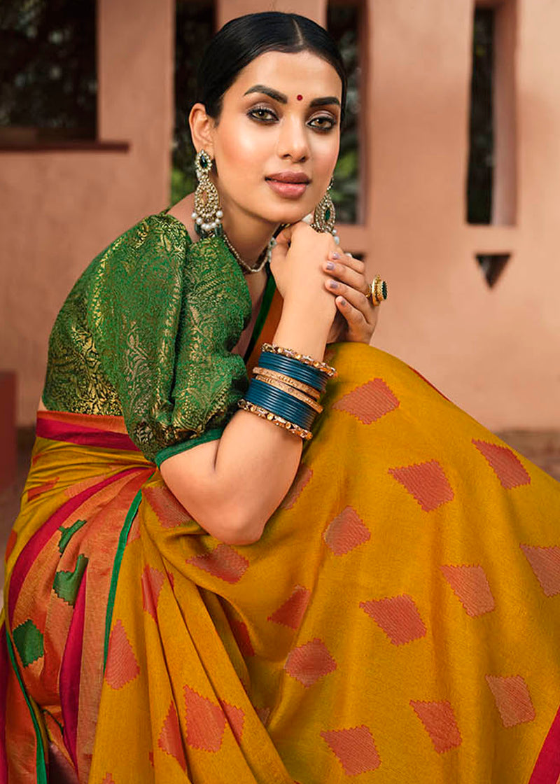 Ochre Yellow and Red Soft Brasso Silk Saree