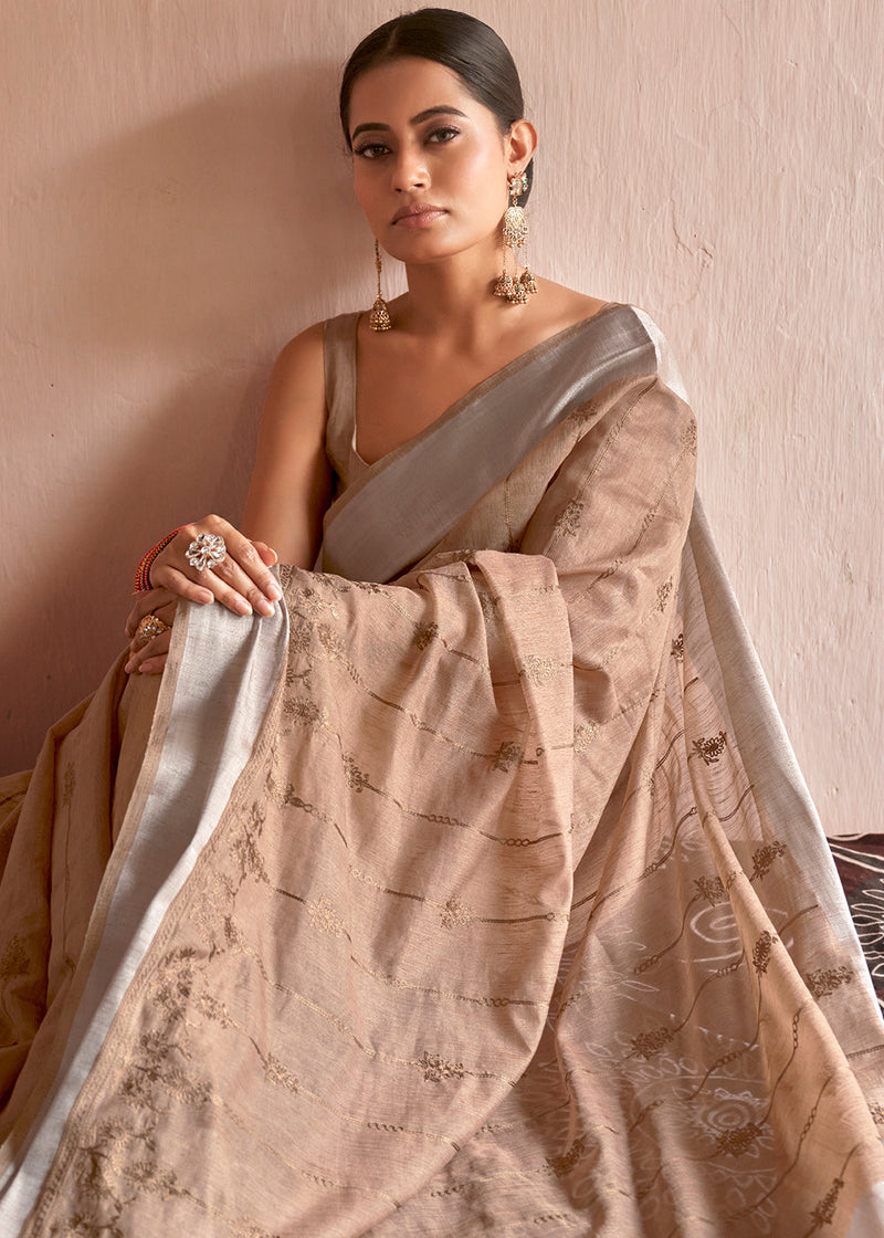 Tan Brown Floral Embroidered Linen Saree