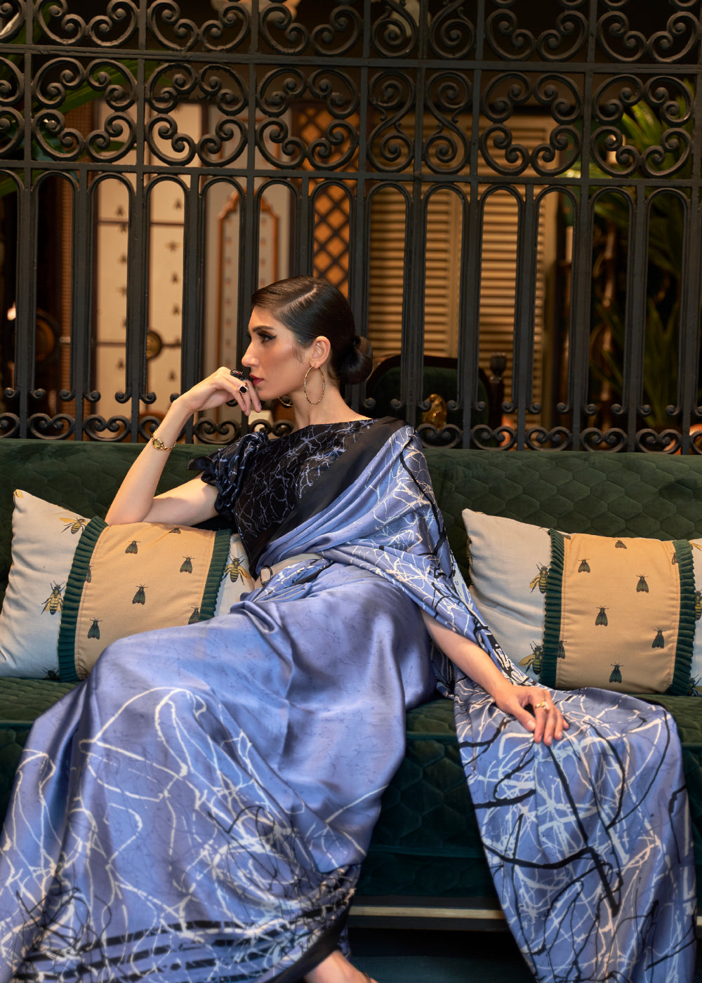 Buy MySilkLove Portage Blue and Black Printed Satin Silk Saree Online