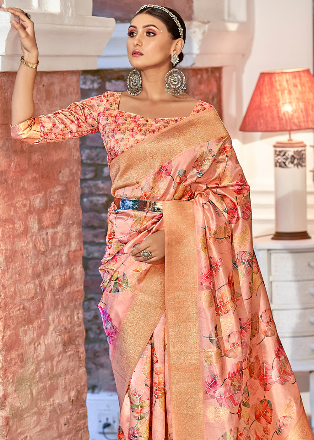 Buy MySilkLove Bush Peach Digital Printed Banarasi Saree Online